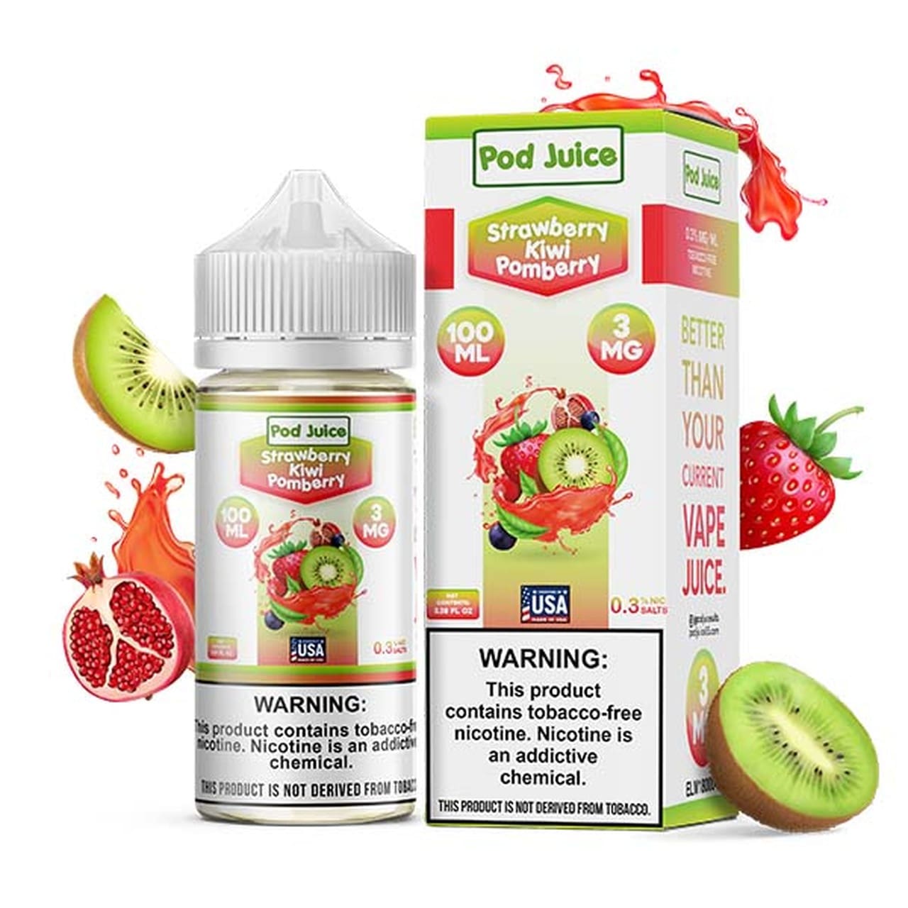 POD JUICE 55 FREEBASE TFN LIQUID 100ML - STRAWBERRY KIWI POMBERRY